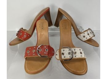 Lot Of 2 Pair Of Coach Heels - Red And White Slides With Buckle Accent Size 8.5 - One Pair Unworn