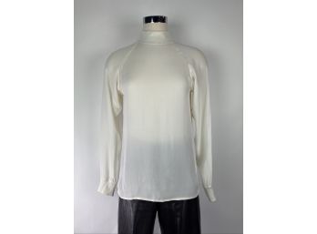 Theory Mockneck, Back Zip Silk Off White Long Sleeve Blouse, Size Small