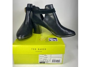 New, With Box - Ted Baker Black Leather Low Rise, Ankle Boots With Block Heel And Gold Hardware