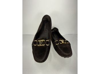 Louis Vuitton Brown Suede Driving Moccasins With Gold LV Hardware Size  38.5, 8.5