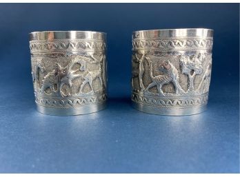 Pair Of Antique 800 Sterling Silver Reticulated Napkin Rings With Jungle Animals And Initials A, J