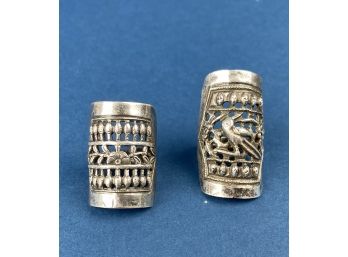 Two Antique Chinese Sterling Silver Free Size Rings With Reticulated Flora Fauna And A Bird