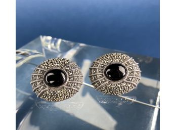Rare Style Antique Sterling Silver, Onyx And Marcasite Earrings