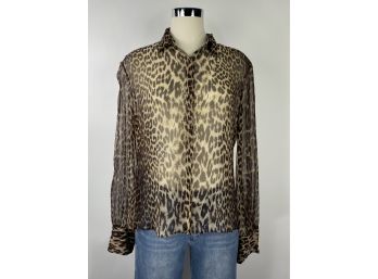 Elie Tahari Silk Leopard Print Button Down Blouse, Size Large -