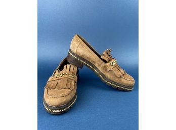 Stuart Weitzman Brown Suede Loafers With Brass Chain Hardware, Size 8 Like New