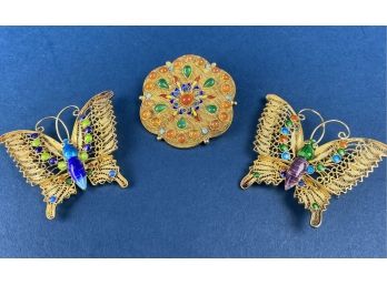Three Chinese Filagree In Verimel And Enamel Sterling Silver Brooches With Stones