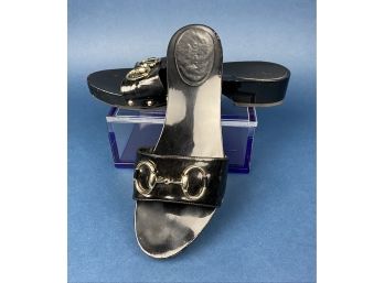Authentic Gucci Black Patent Leather And Lacquer Slide Mules, Clog Sole With Horse Bit Hardware, Size 38, 8