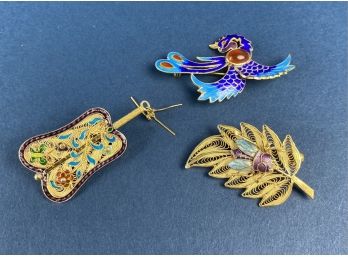 Three Chinese Filagree And Cloisonne In Verimel Brooches, Sterling Silver With Enamel