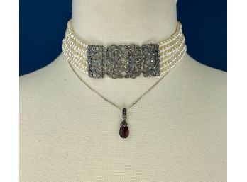 Multi Strand Pearl Choker With Silver & Marcasite, One Sterling Silver Ralph Lauren With Garnet Drop Necklace
