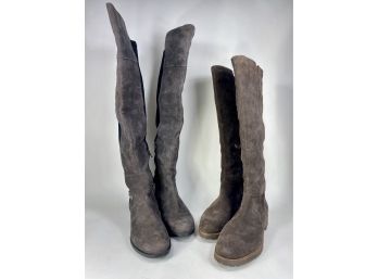Two Pair Of Tall Suede Boots, Grey Over The Knee And Brown To The Knee Size 38