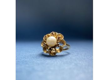 14k Gold Antique Cocktail Ring With Center Pearl And Six Rubies