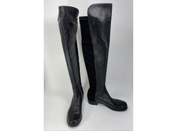 Pair Of Stuart Weitzman Black 5050 One The Knee Boots Leather And Neoprene Size 7 1/2