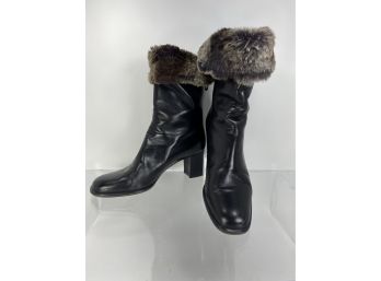 Black Leather Fur Lined Zip Back Boot With Small Block Heel - Made In Italy Size 38 1/2