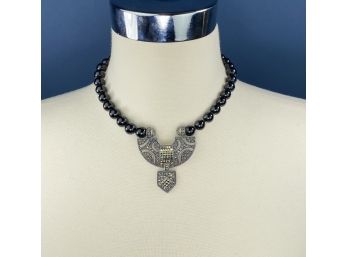 Vintage Deco Sterling Silver And Marcasite Pendant On Black Glass Or Onyx Beads