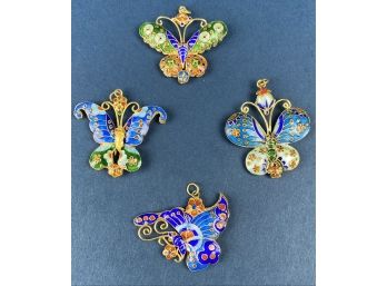 Four Chinese Cloisonne  Verimel Pendants Of Butterlifes, Sterling Silver With Gold Coating