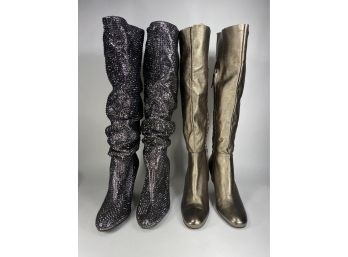 Lot - Two Pair Of Tall Metallic - Gunmetal Micro Stud And Pewter Gold Leather - Heeled Boots Size 8.5