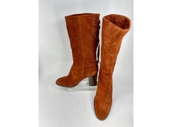 Phenomenal Pair Of Unworn Rust Colored Suede Coach Boots With Block Heel And Lacing Detail Size 7.5