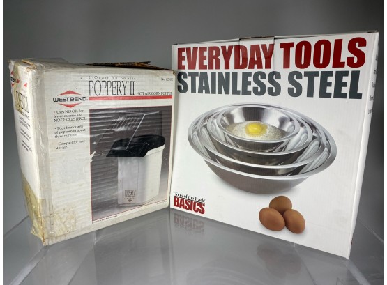 New In Boxes, Popcorn Popper And Set Of 4 Nesting - Stainless Steel Mixing Bowls