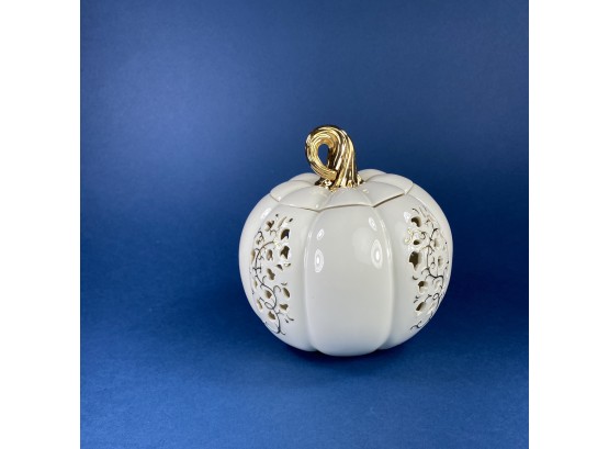 Lenox Porcelain Reticulated Pumpkin Votive With Gold Stem On Lid