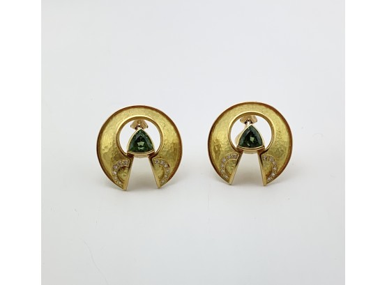 14K Yellow Gold Earrings With Peridot Gemstones And Diamonds