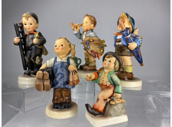Five M.J. Hummel Goebel Figures Working Boys - Artist, Chimney Sweep, Cobbler, Pig Farmer, Traveling Sales Man