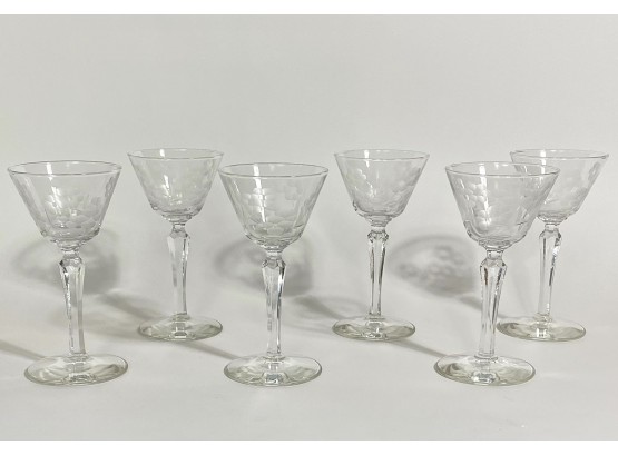Set Of 6 Etched Crystal Cocktail Glasses