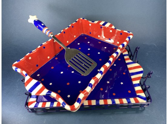 Red White And Blue Hand Painted Ceramic Serving Set With Metal Rack - Brand New, Unused