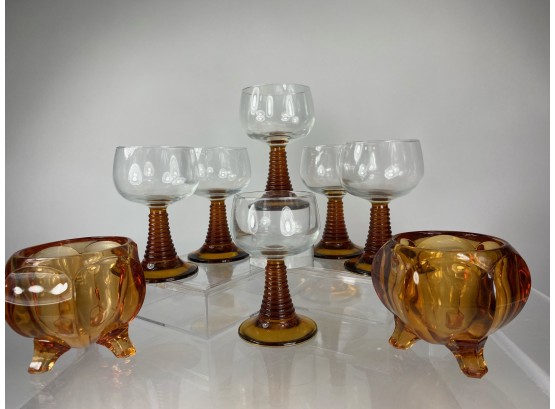 New In Box Vintage Zwiesel-glas Amber Stem, Glass Goblets And Two Amber Glass Footed Votives