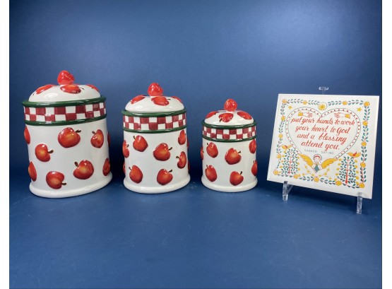 Three Ceramic Apple Canisters And Ceramic Shaker Wall Sign - New In Boxes