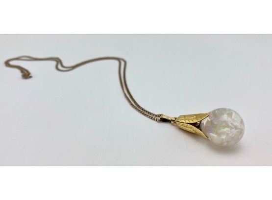 Gold Tone Costume Necklace With Opalescence Glass Droplet Pendant