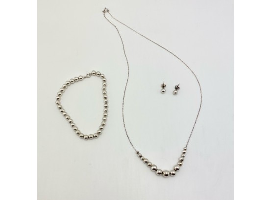 Lot 3 Piece Sterling Silver Balls On Chain, Bracelet And Necklace With Matching Ball Studs