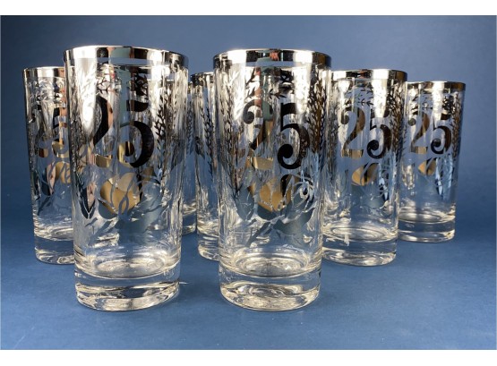 Set Of 8 Vintage Silver And Clear Glass Anniversary Glasses