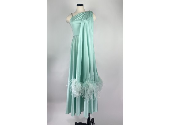 1950's Or 60's Seafoam Green Cocktail Dress W Rhinestone Strap Feather  Details From Kay Kipps New York