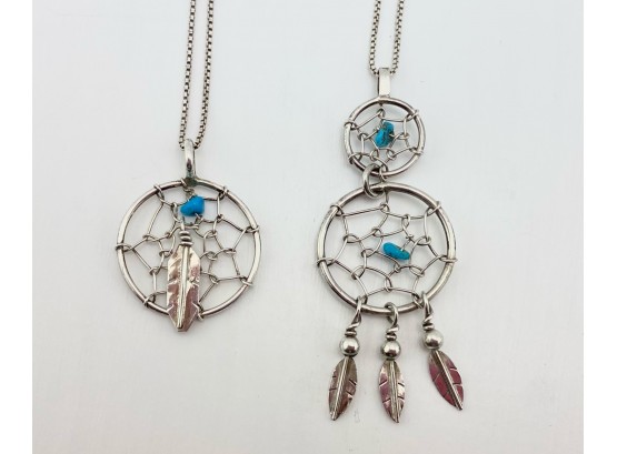Lot Of Sterling Silver Dream Catcher Necklaces, Raw Turquoise & A Sterling Silver Flower-shaped Ring