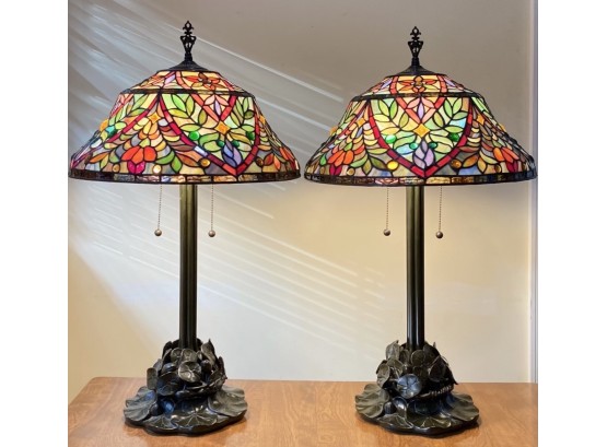 Pair Of Stained Glass Styled Tiffany & Co. Replica Table Lamps