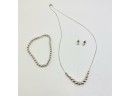 Lot 3 Piece Sterling Silver Balls On Chain, Bracelet And Necklace With Matching Ball Studs