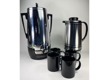 Coffee Make & Serve - Coffee Percolator With Carafe And Four Black Ceramic Mugs, All New In Boxes