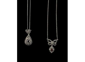 Lot Of 2 Sterling Silver & Marcasite Necklaces With Garnet Gemstones