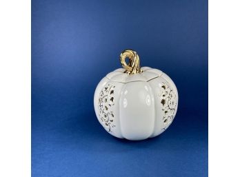Lenox Porcelain Reticulated Pumpkin Votive With Gold Stem On Lid
