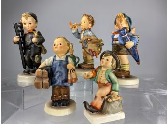 Five M.J. Hummel Goebel Figures Working Boys - Artist, Chimney Sweep, Cobbler, Pig Farmer, Traveling Sales Man