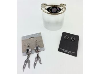 Two Pair Of Sterling Silver Navajo Earrings And One Alpaca Mexico Sterling Mother Of Pearl Abalone Bracelet