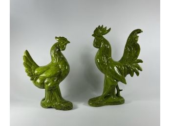 Pair Of Green Italian Ceramic Roosters
