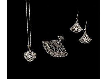 Sterling Silver, Marcasite And Cubic Zirconia Necklace, Fan Brooch And Fan Shaped Earrings