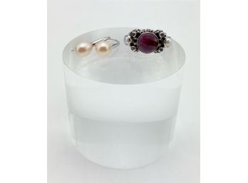 Sterling Silver And Pear Shaped Pearl Earrings With A Garnet And Pearl Sterling Silver Ring