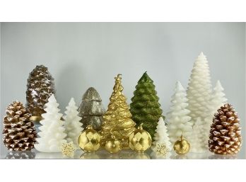 Assorted Lot 19 Winter Season Candles Trees And Cones