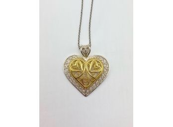 Necklace Sterling Silver Filagree Heart Shaped Pendant With 18' Curb Chain