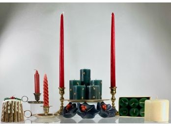 Assorted Lot Of Holiday Candles And Candle Stick Holders - Pair Of Brass Ethan Allen Candle Holders