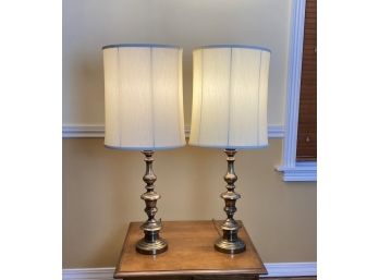 Pair Of Ethan Allen Tall Brass Lamps With Tapered Cylinder Shades