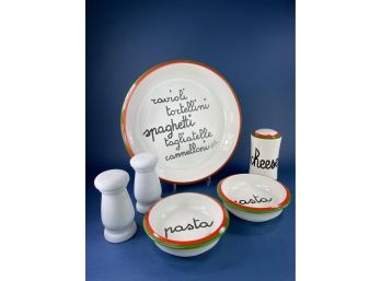 Italian Ceramic Pasta Serving Bowls And Cheese Shaker Set - With Salt And Pepper Shakers