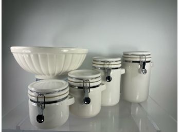 Lot Of White Ceramic Vessels - Canisters And Haeger Mixing Bowl
